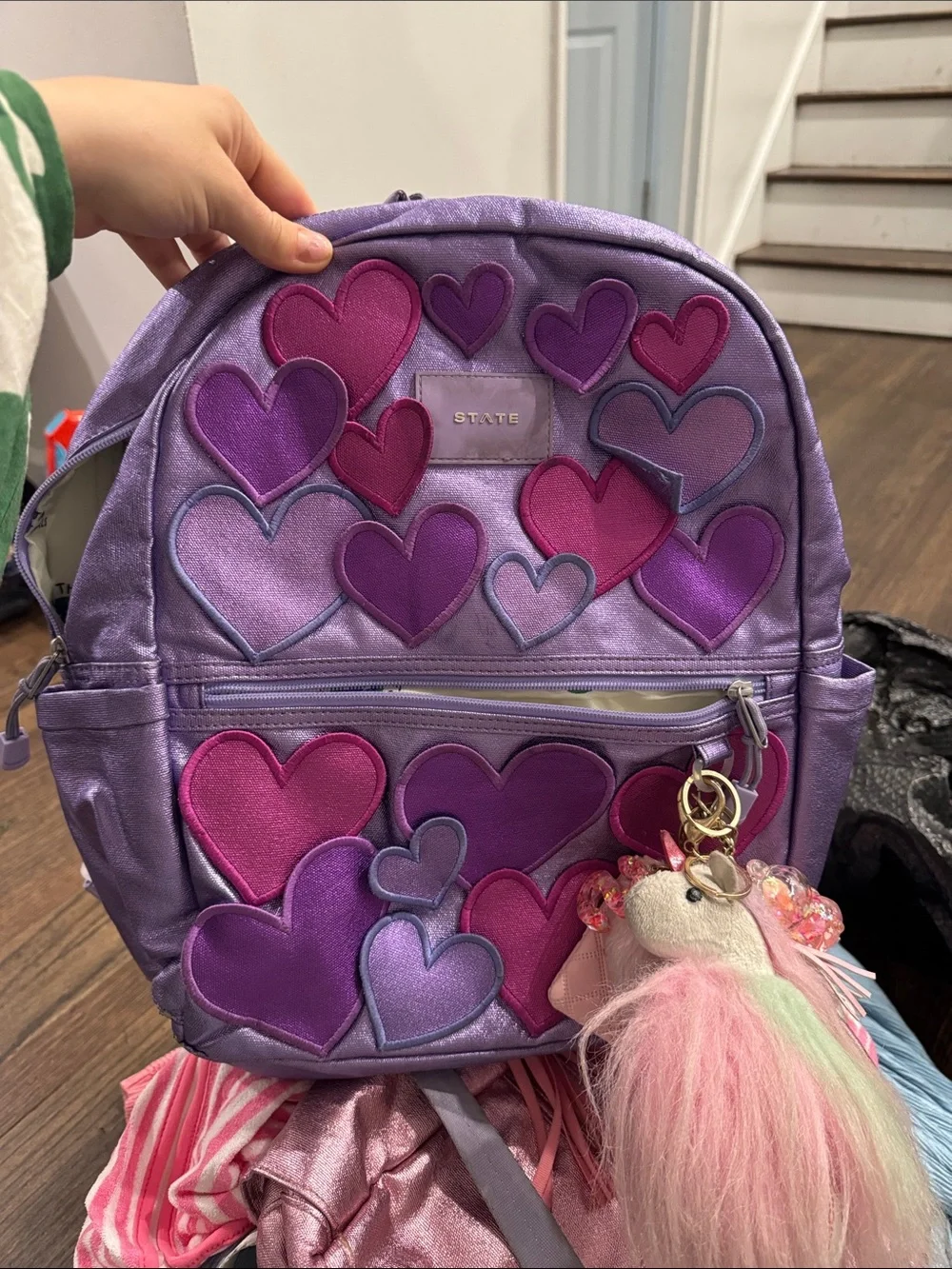 STATE Kids Lavender Backpack with Pink and Magenta Heart Patches